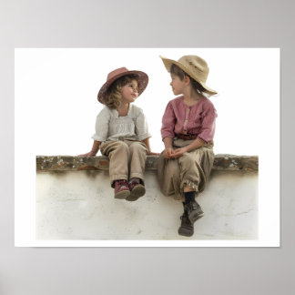 Poster Deux enfants assis sur un mur