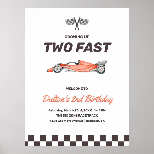 Poster Deux Fast Race Car 2nd Boy's Birthday Party Bienve (Devant)