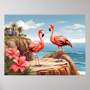 Poster Deux flamants roses sur une falaise