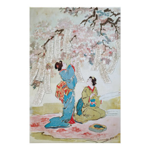 Poster Deux geisha sous un cerisier en fleurs