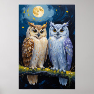 Poster Deux hiboux sous la nuit au clair de lune, peintur