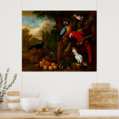 Poster Deux Macaws un Cockatoo et une Jay aux fruits (Cuisine)
