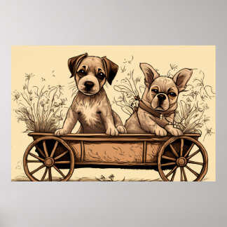 Poster Deux mignonnes chiots dans une Wagon