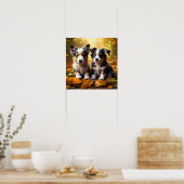 Poster Deux mignons chiots qui jouent dans les feuilles d (Cuisine)