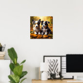 Poster Deux mignons chiots qui jouent dans les feuilles d (Bureau à domicile)