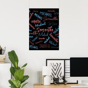 Poster Deux noms couples motif monogramme bleu rose clair
