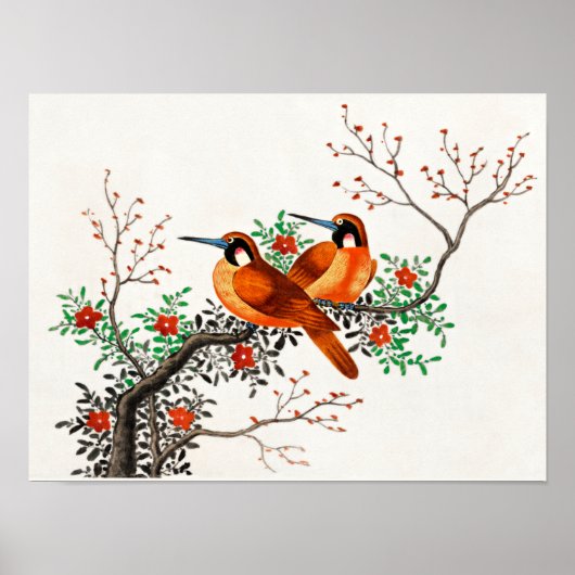 Poster Deux oiseaux sur une branche de floraison (Devant)