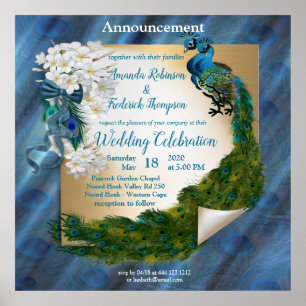 Poster Deux paons sur la soie vert émeraude