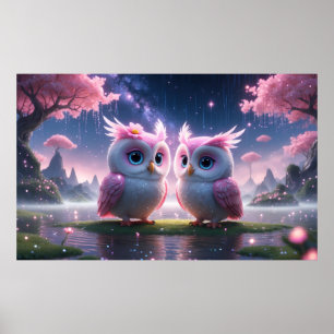 Poster Deux petits hiboux dans un rêve