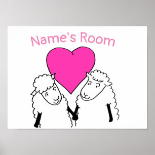 Poster Deux petits moutons mignons avec un cœur rose
