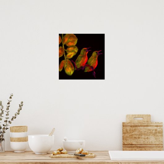 Poster deux petits oiseaux orange et jaune (Cuisine)