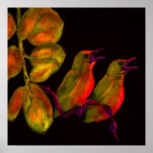 Poster deux petits oiseaux orange et jaune (Devant)