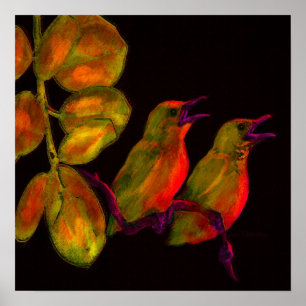 Poster deux petits oiseaux orange et jaune