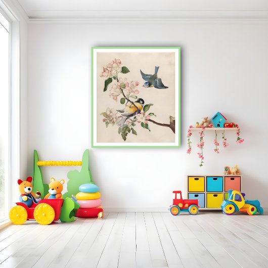 Poster Deux petits oiseaux près d'une branche de fleurs d