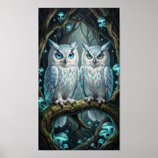 Poster Deux sages hiboux blancs bleus anciens