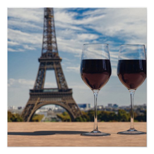 Poster Deux verres de vin avec la tour Eiffel (Devant)
