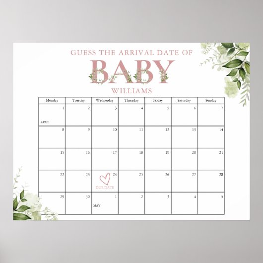 Poster Devinez la date d'arrivée Baby Shower Rose verdure (Devant)