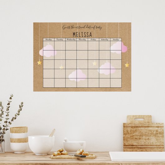 Poster Devinez La Date D'Échéance Nuages Roses Rustiques  (Cuisine)