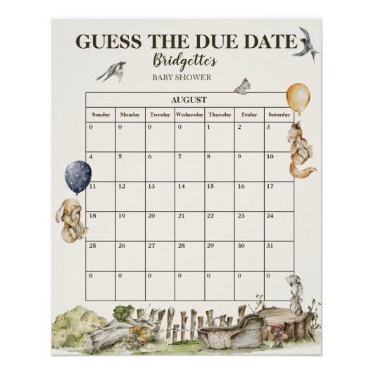 Poster Devinez Le Baby shower D'Aquarelle De Forêt Date D (Devant)