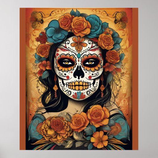Poster Dia de los Muertos Art : Maquillage crâne à sucre (Devant)