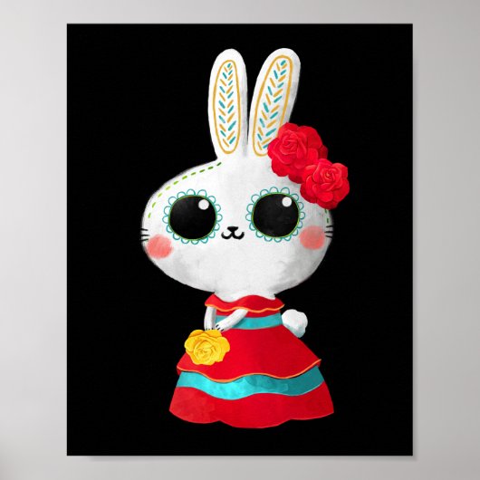 Poster Dia De Los Muertos Cute Bunny Robe Rouge Mexicaine (Devant)