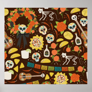 Poster Dia De Los Muertos, motif de dessins animés.
