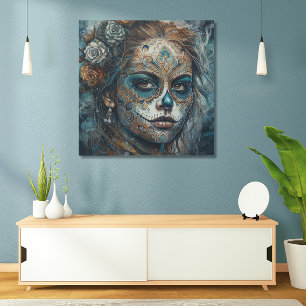 Poster Dia de los Muertos visage turquoise peint