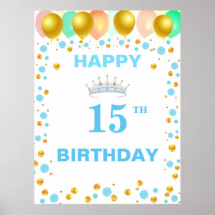Poster Diadème, Ballons et Confettis Dorés pour un 15ème