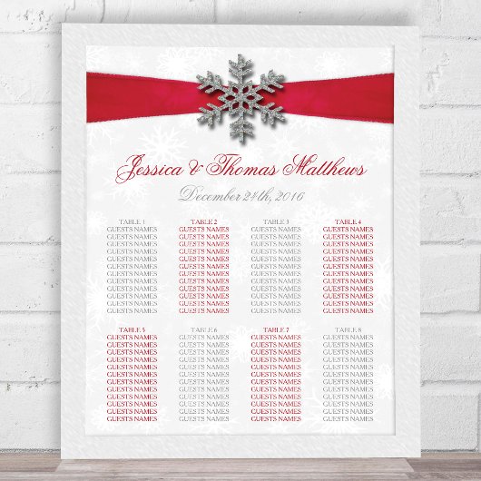 Poster Diamante Flocon de neige et Ruban rouge Mariage d'