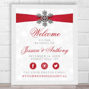 Poster Diamante Flocon de neige et Ruban rouge Mariage d'