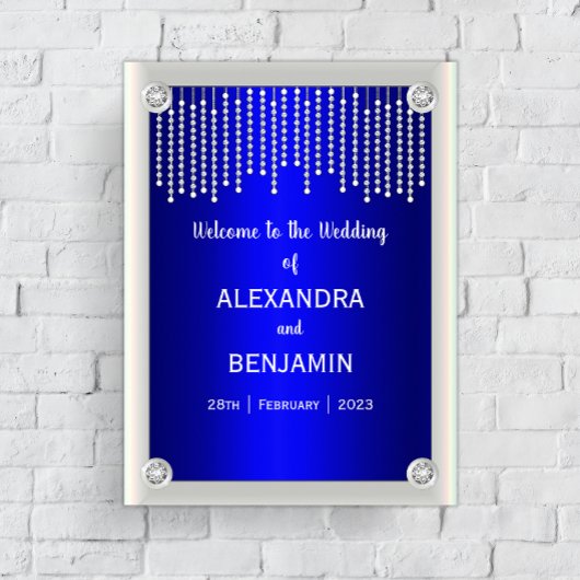 Poster Diamants et perles de luxe Mariage bleu Bienvenue