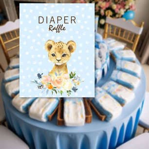Poster Diaper Raffle Baby Shower Lion Cub Floral Blue