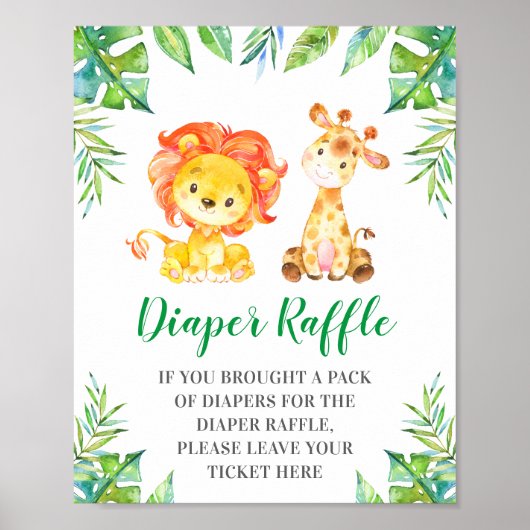Poster DIaper RaffLE SIGNE Baby shower Safari Jungle Vert (Devant)
