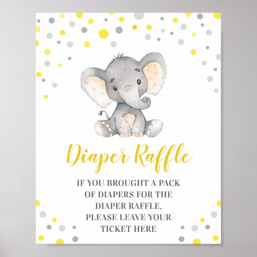 Poster Diaper Raffle Yellow Dots Elephant Baby Shower (Devant)