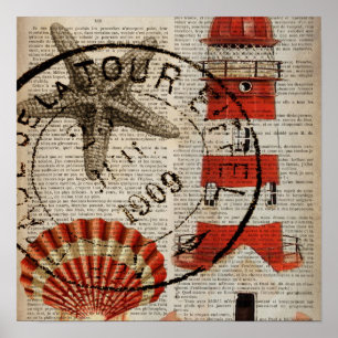 Poster dictionary prints art coastal seashell lighthouse