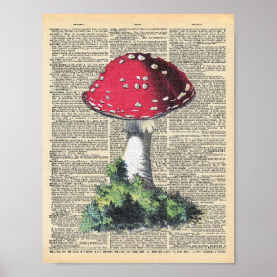Poster Dictionnaire vintage Art Rouge Champignons Fairy H