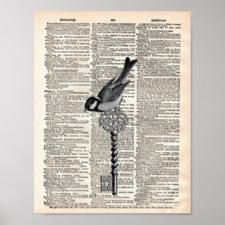 Poster Dictionnaire vintage d'oiseaux et de clés