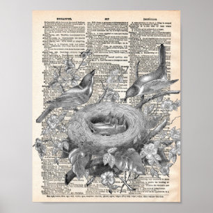 Poster Dictionnaire vintage français avec oiseaux nicheur