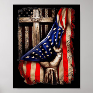 Poster Dieu Jésus Croix Derrière Drapeau Américain Patrio