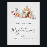 Poster DIGITAL 30th Birthday Citrouille Flower Welcome<br><div class="desc">Un élégant citrouille d'aquarelle blanche est niché dans des feuilles et des fleurs d'automne. Le mélange sophistiqué de tons terre profonde et de pastels doux crée une esthétique unique que vos invités aimeront. Tout le texte est facilement édité,  vous pouvez donc définir le ton juste.</div>