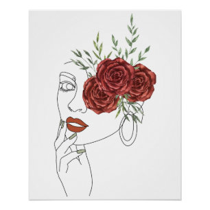 Poster digital product woman line art flowers red roses