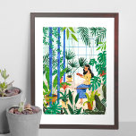 Poster d'illustration de la fille en serre<br><div class="desc">Fille en serre assise sur une balançoire entre plantes tropicaux. Oeuvre originale de Caroline Bonne Müller.</div>