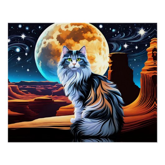 Poster Dilute Calico cat, dans le désert-Pleine lune (Devant)