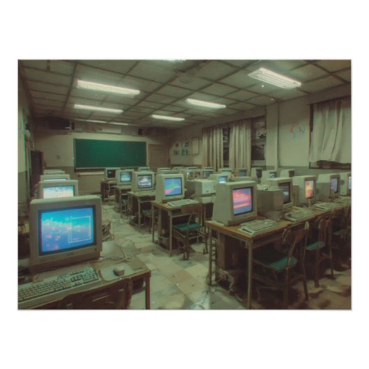 Poster Dimly Lit Retro Computer Lab with CRT Screens (Devant)