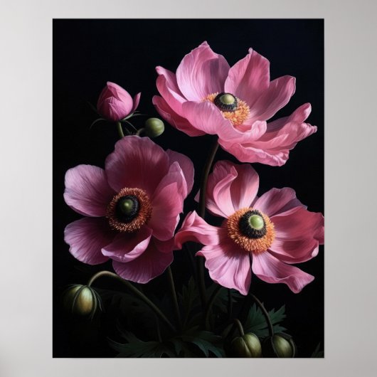 Poster d'impression d'art rose Fleurs d'anémones (Devant)