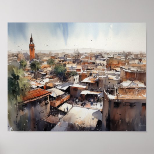 Poster d'impression de l'aquarelle Marrakech Maroc (Devant)