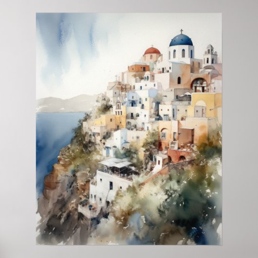 Poster d'impression de l'aquarelle Santorini Oia G (Devant)