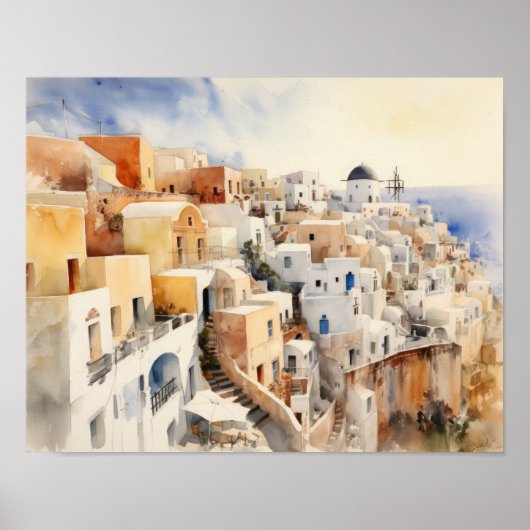 Poster d'impression de l'aquarelle Santorini Oia G (Devant)