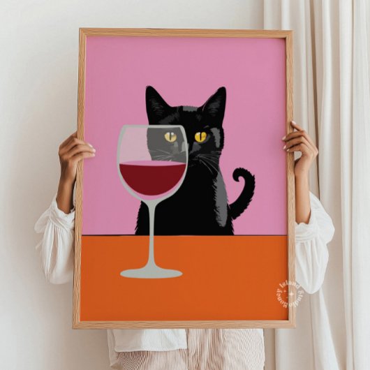 Poster d'impression en verre de vin de chat noir