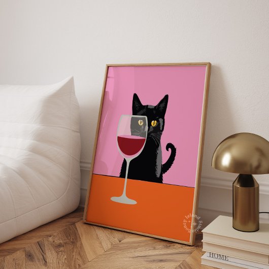 Poster d'impression en verre de vin de chat noir